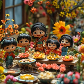 Claymation scene of colorful Nowruz table setting, with children laughing in background.