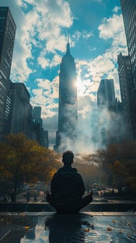 Conceptual photo of person meditating in urban setting to represent World Sleep Day.