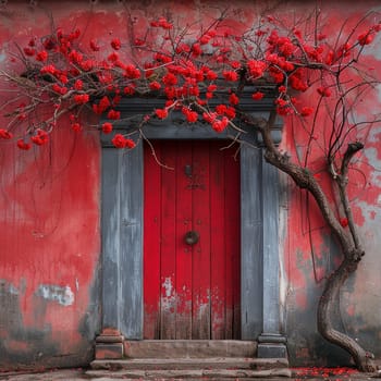 Door adorned with bright red Martisor, symbolizing first day of spring.