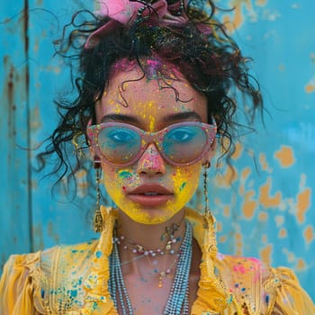 Editorial fashion photograph of avant-garde Holi festival attire with splashes of color.