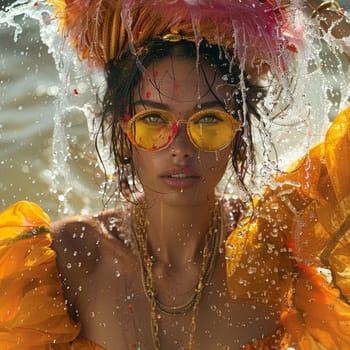 Editorial fashion photograph of avant-garde Holi festival attire with splashes of color.