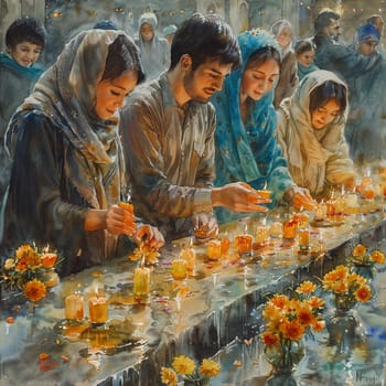 Elegant watercolor of families lighting candles in traditional Nowruz celebration.