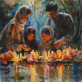 Elegant watercolor of families lighting candles in traditional Nowruz celebration.