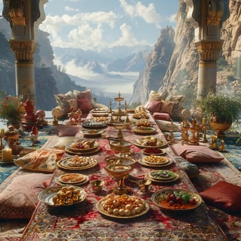 Fantasy scene of grand Nowruz banquet spread across Persian carpet flying over spring valley.