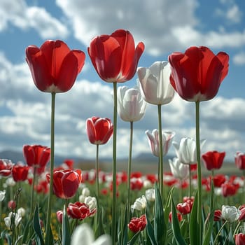 Field of blooming red and white tulips swaying in breeze for Martisor.
