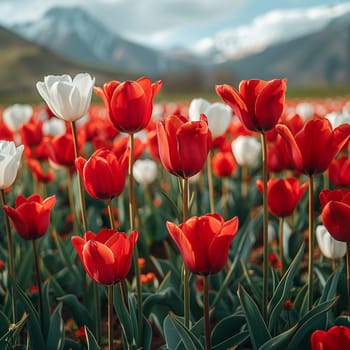 Field of blooming red and white tulips swaying in breeze for Martisor.