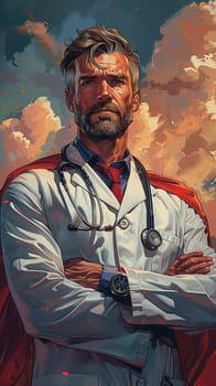 Graphic novel-style depiction of superhero doctor for National Doctors Day, with cape and stethoscope.
