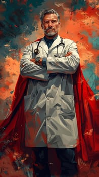 Graphic novel-style depiction of superhero doctor for National Doctors Day, with cape and stethoscope.