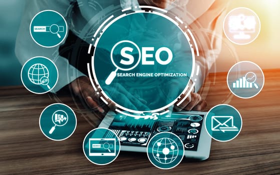 SEO - Search Engine Optimization for Online Marketing Concept. Modern interface showing symbol of keyword research website promotion by optimize customer searching and analyze market strategy. uds