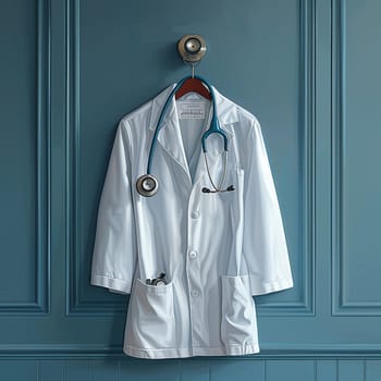 Illustration of stethoscope and white coat hanging on wall for National Doctors Day.