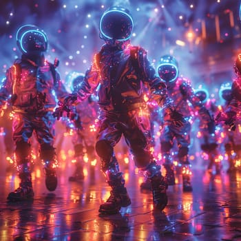 Neon-lit digital artwork of futuristic dance party celebrating Martisor.