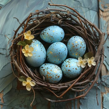 Nest of blue robin eggs as symbol of new beginnings for Nowruz.