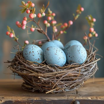 Nest of blue robin eggs as symbol of new beginnings for Nowruz.
