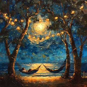 Oil painting capturing tranquility of World Sleep Day with people resting in hammocks under starry sky.