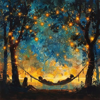 Oil painting capturing tranquility of World Sleep Day with people resting in hammocks under starry sky.