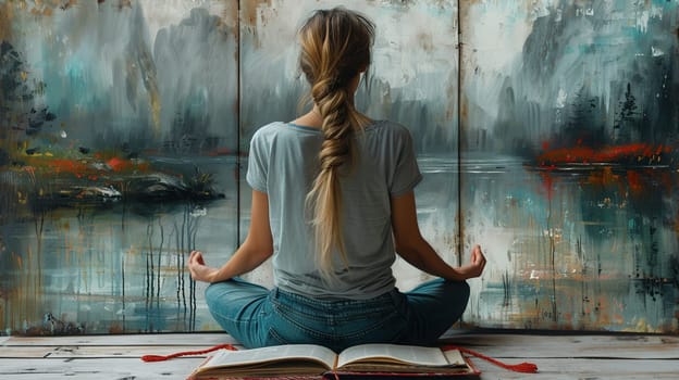 Open empty diary with red and white string bookmark.Serene painting of woman practicing yoga by lake at dawn, celebrating Women's Day.