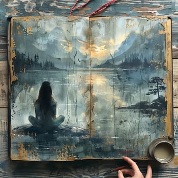 Open empty diary with red and white string bookmark.Serene painting of woman practicing yoga by lake at dawn, celebrating Women's Day.