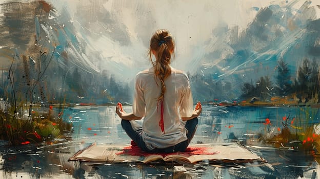 Open empty diary with red and white string bookmark.Serene painting of woman practicing yoga by lake at dawn, celebrating Women's Day.