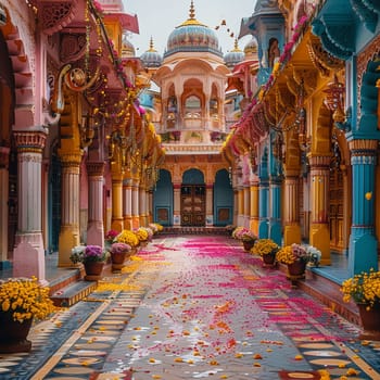 Ornate empty street with colorful powders scattered around, post-Holi festivities.