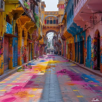 Ornate empty street with colorful powders scattered around, post-Holi festivities.