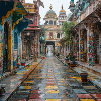 Ornate empty street with colorful powders scattered around, post-Holi festivities.