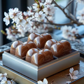 Pair of chocolate hearts nestled in silver box, set against backdrop of cherry blossoms for White Day.