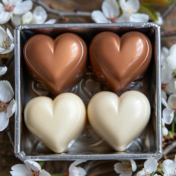 Pair of chocolate hearts nestled in silver box, set against backdrop of cherry blossoms for White Day.