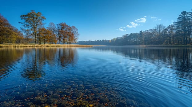 Picturesque lake reflecting clear blue sky on World Water Day.