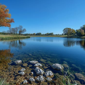 Picturesque lake reflecting clear blue sky on World Water Day.