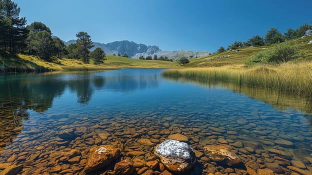 Picturesque lake reflecting clear blue sky on World Water Day.