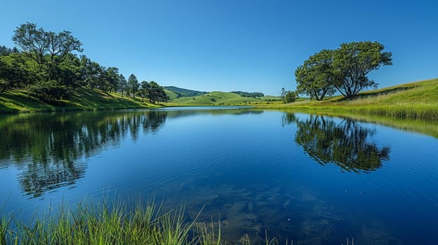 Picturesque lake reflecting clear blue sky on World Water Day.