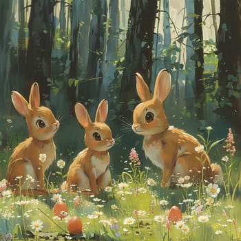 Playful animation cel of rabbits hiding Easter eggs in blooming spring forest.