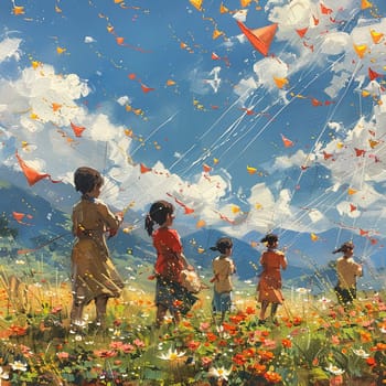Scene of children flying kites in field of blooming flowers for Pakistani Spring Festival.