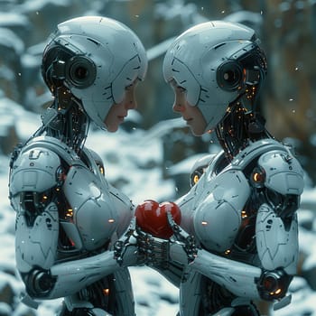 Sci-fi interpretation of White Day celebration with androids exchanging heart-shaped metallic tokens.