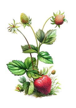 Strawberry clipart. Berries with leaves and flower clipart. Cute strawberry clipart. Summer gardening. AI generated