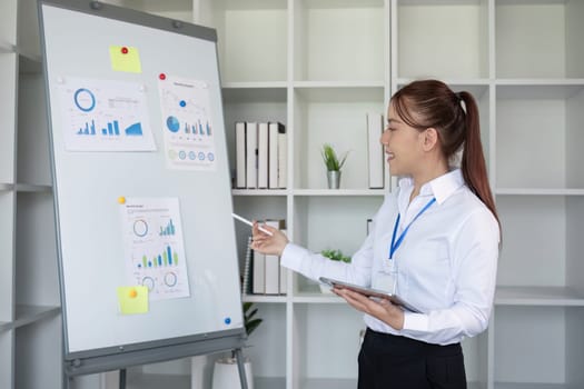 Businesswoman with presentation board at a meeting about work plans Finance and business results graphs.