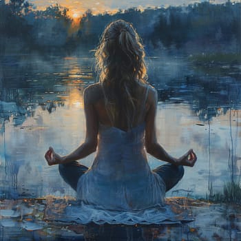 Serene painting of woman practicing yoga by lake at dawn, celebrating Women's Day.