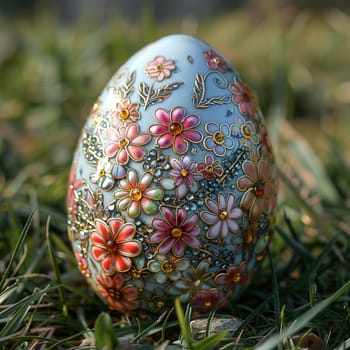 Single, intricately decorated Easter egg on bed of spring grass.