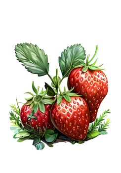 Strawberry clipart. Berries with leaves and flower clipart. Cute strawberry clipart. Summer gardening. AI generated