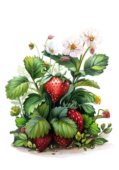 Strawberry clipart. Berries with leaves and flower clipart. Cute strawberry clipart. Summer gardening. AI generated