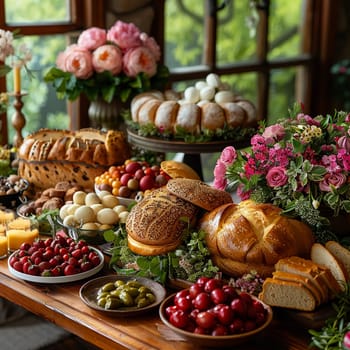 Still life of traditional Easter foods laid out on table, capturing festive spirit.