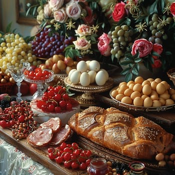 Still life of traditional Easter foods laid out on table, capturing festive spirit.