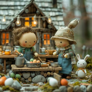 Stop-motion scene of family preparing feast for cozy Easter celebration.