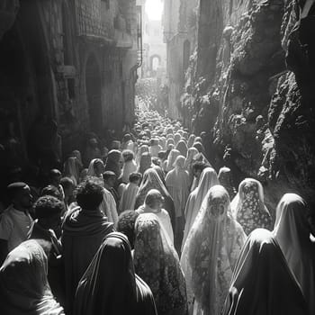 Street photographer's black-and-white capture of solemn Good Friday procession in old city.