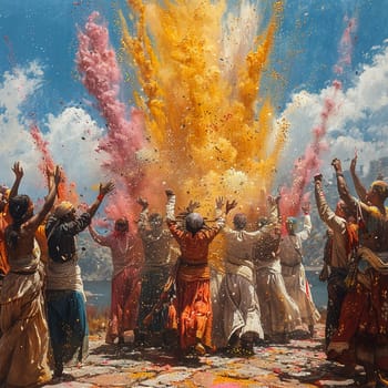 Surreal depiction of people in diverse traditional costumes, joyously throwing colored powder for Holi.