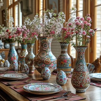 Traditional Nowruz table setting, complete with painted eggs and mirror, without celebrants.
