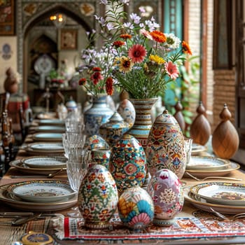 Traditional Nowruz table setting, complete with painted eggs and mirror, without celebrants.