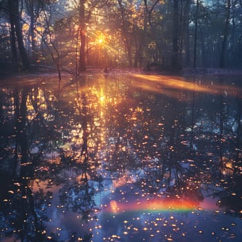 Tranquil pond reflecting rainbow, aftermath of Holi celebration.