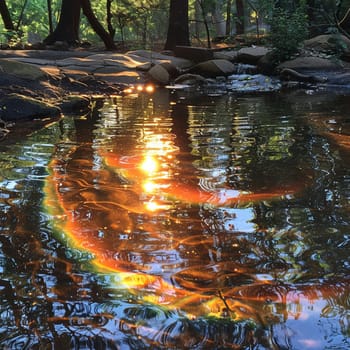 Tranquil pond reflecting rainbow, aftermath of Holi celebration.