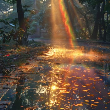 Tranquil pond reflecting rainbow, aftermath of Holi celebration.